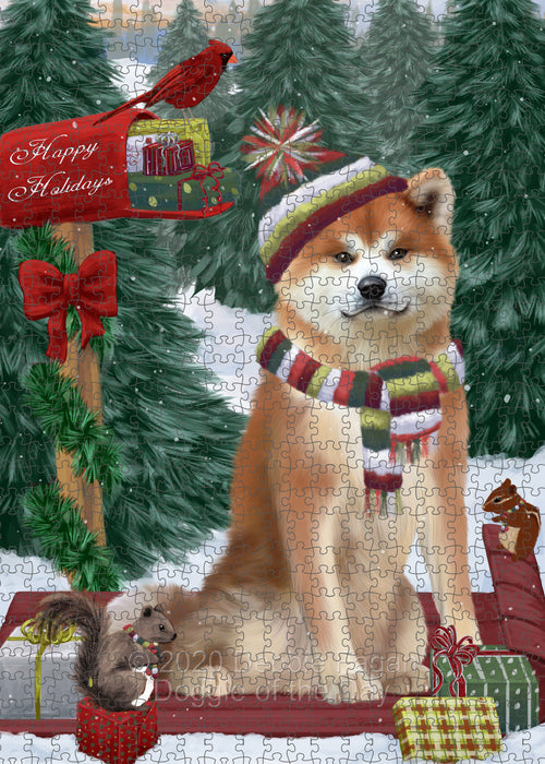 Christmas Woodland Sled Akita Dog Portrait Jigsaw Puzzle for Adults Animal Interlocking Puzzle Game Unique Gift for Dog Lover's with Metal Tin Box PZL829
