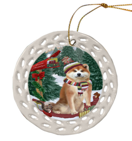 Christmas Woodland Sled Akita Dog Doily Ornament DPOR59004