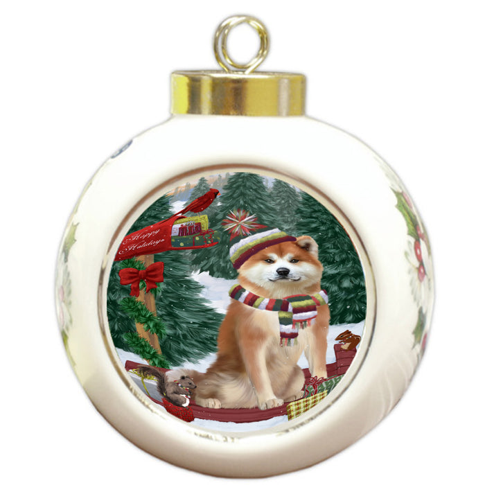 Christmas Woodland Sled Akita Dog Round Ball Christmas Ornament Pet Decorative Hanging Ornaments for Christmas X-mas Tree Decorations - 3" Round Ceramic Ornament, RBPOR59580