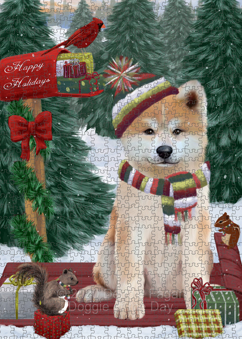 Christmas Woodland Sled Akita Dog Portrait Jigsaw Puzzle for Adults Animal Interlocking Puzzle Game Unique Gift for Dog Lover's with Metal Tin Box PZL830