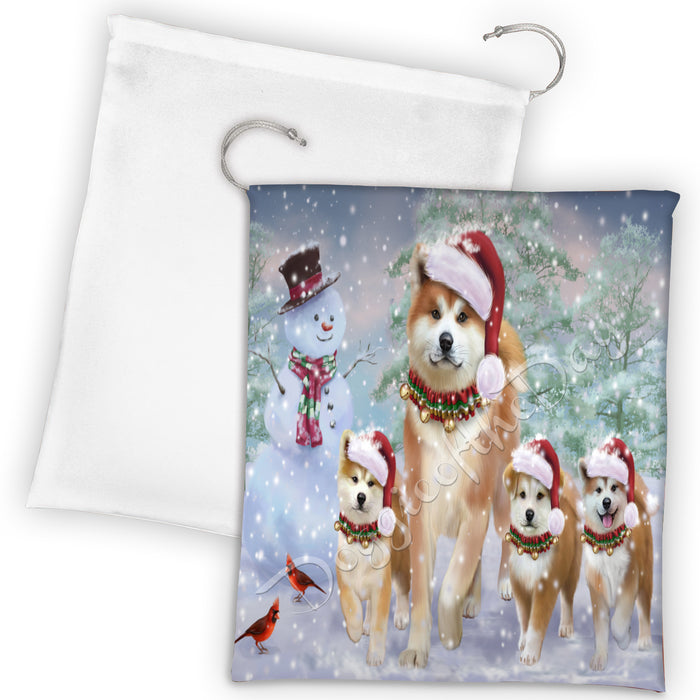 Christmas Running Fammily Akita Dogs Drawstring Laundry or Gift Bag LGB48195