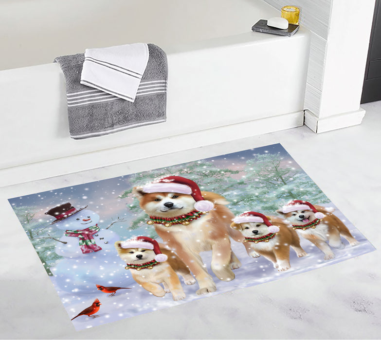 Christmas Running Fammily Akita Dogs Bath Mat