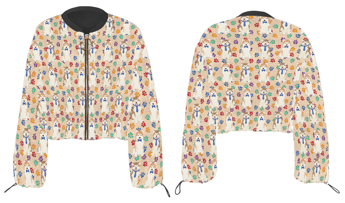 Rainbow Paw Print Akita Dogs Cropped Chiffon Women's Jacket WH50467