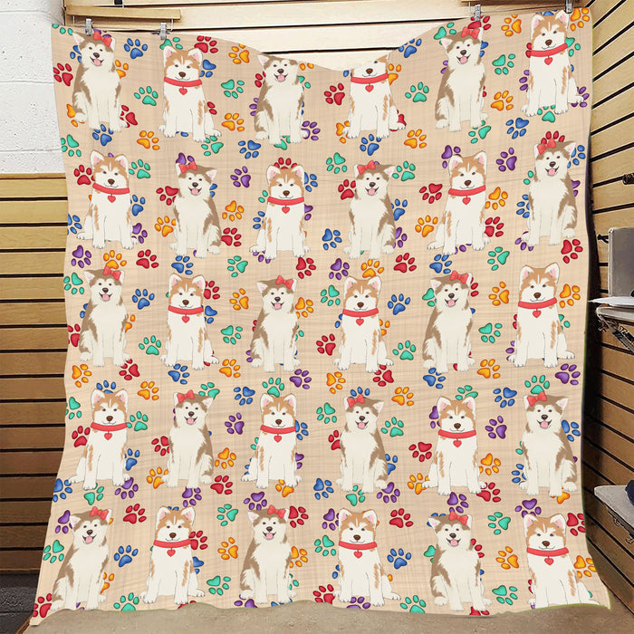 Rainbow Paw Print Akita Dogs Red Quilt