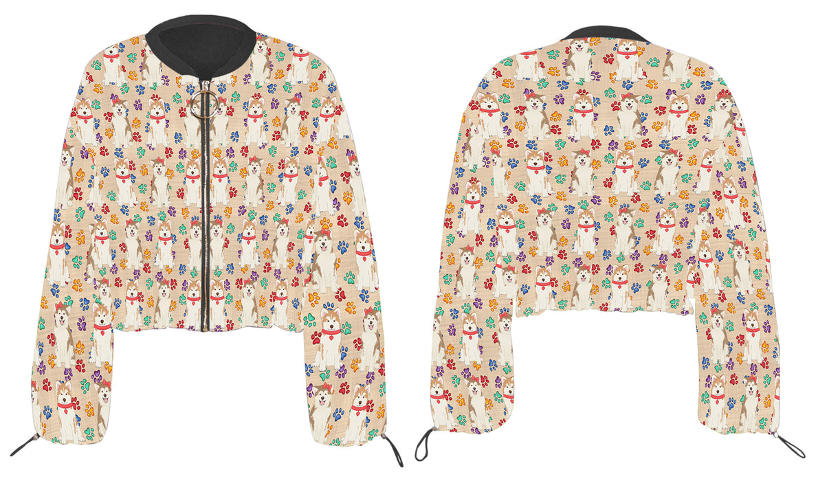 Rainbow Paw Print Akita Dogs Cropped Chiffon Women's Jacket WH50468