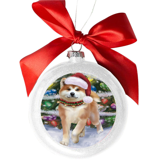 Trotting in the Snow Akita Dog White Round Ball Christmas Ornament WBSOR49418