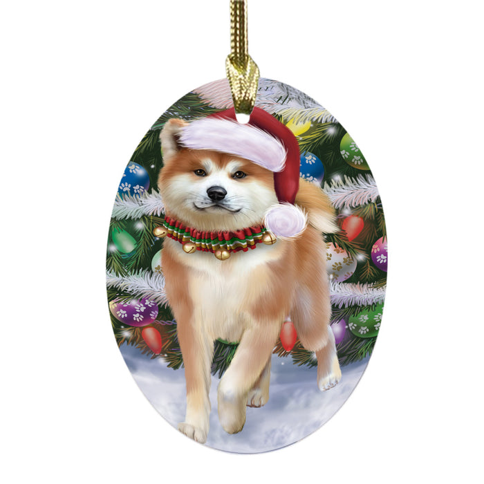 Trotting in the Snow Akita Dog Oval Glass Christmas Ornament OGOR49418
