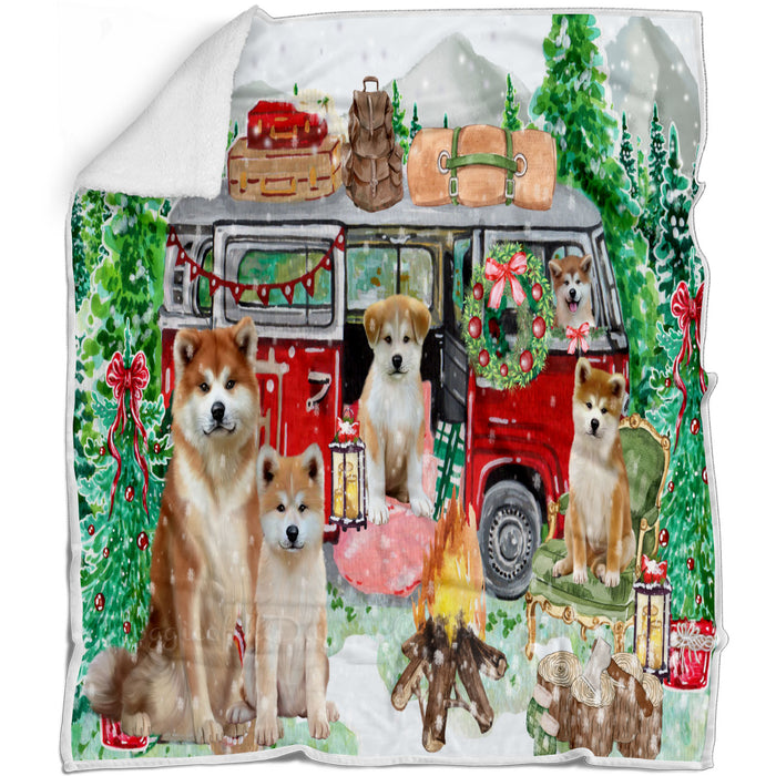 Christmas Time Camping with Akita Dogs Blanket - Lightweight Soft Cozy and Durable Bed Blanket - Animal Theme Fuzzy Blanket for Sofa Couch