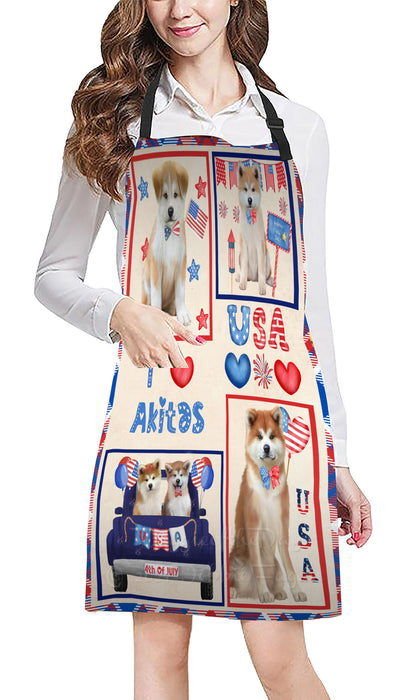 4th of July Independence Day I Love USA Akita Dogs Apron - Adjustable Long Neck Bib for Adults - Waterproof Polyester Fabric With 2 Pockets - Chef Apron for Cooking, Dish Washing, Gardening, and Pet Grooming