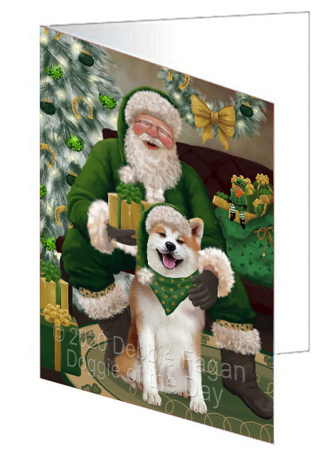 Christmas Irish Santa with Gift and Akita Dog Handmade Artwork Assorted Pets Greeting Cards and Note Cards with Envelopes for All Occasions and Holiday Seasons GCD75755