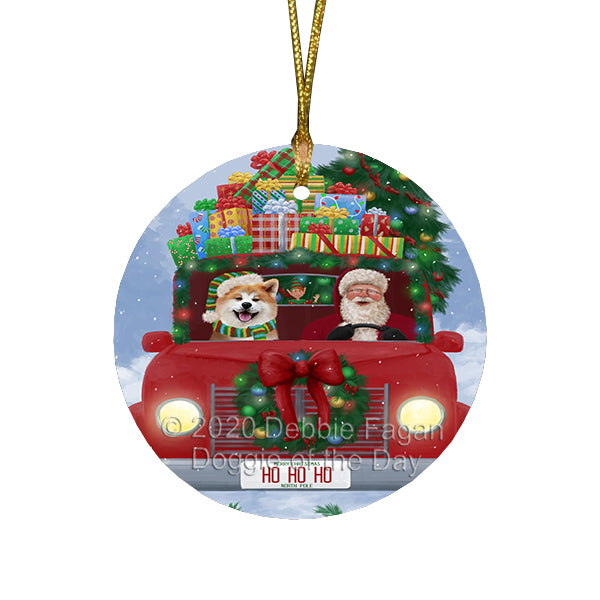 Christmas Honk Honk Red Truck Here Comes with Santa and Akita Dog Round Flat Christmas Ornament RFPOR57797