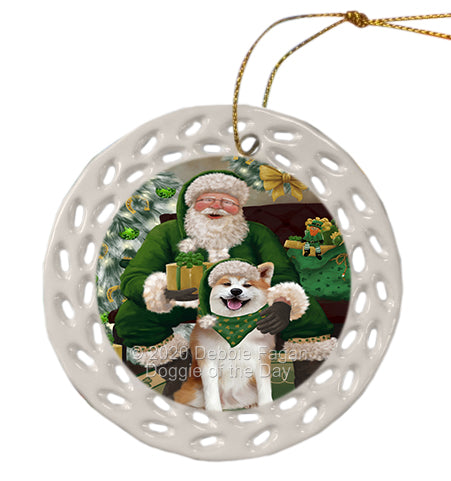 Christmas Irish Santa with Gift and Akita Dog Doily Ornament DPOR59457
