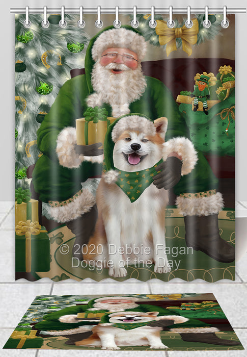 Christmas Irish Santa with Gift Akita Dog Bath Mat and Shower Curtain Combo
