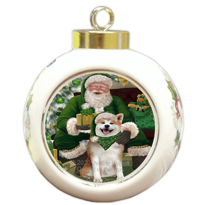 Christmas Irish Santa with Gift and Akita Dog Round Ball Christmas Ornament RBPOR57895