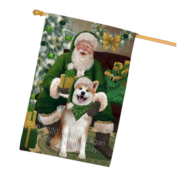 Christmas Irish Santa with Gift and Akita Dog House Flag FLG66667