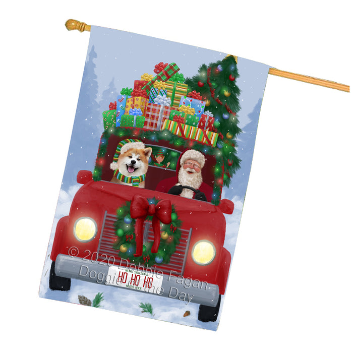Christmas Honk Honk Red Truck Here Comes with Santa and Akita Dog House Flag FLG66569
