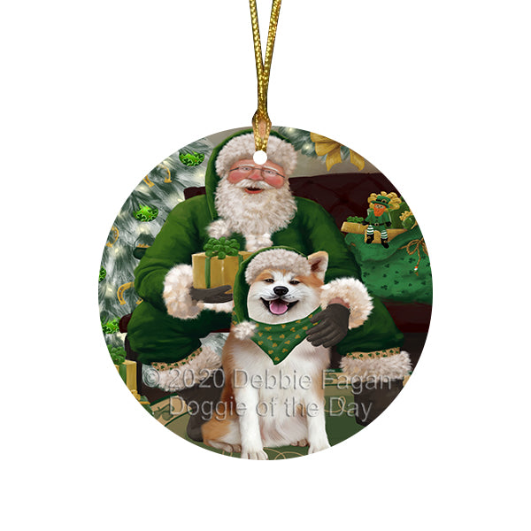 Christmas Irish Santa with Gift and Akita Dog Round Flat Christmas Ornament RFPOR57895