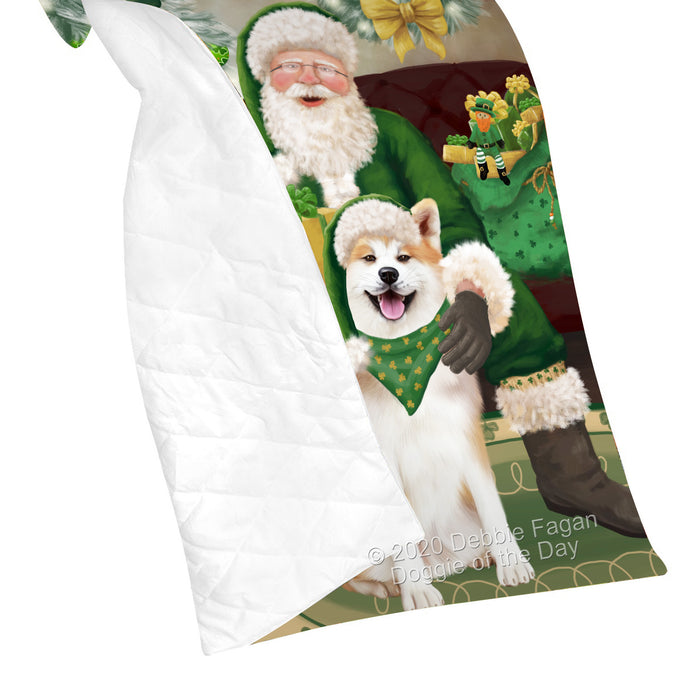 Christmas Irish Santa with Gift and Akita Dog Quilt Bed Coverlet Bedspread - Pets Comforter Unique One-side Animal Printing - Soft Lightweight Durable Washable Polyester Quilt