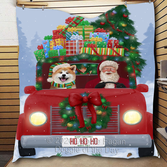 Christmas Honk Honk Red Truck with Santa and Akita Dog Quilt Bed Coverlet Bedspread - Pets Comforter Unique One-side Animal Printing - Soft Lightweight Durable Washable Polyester Quilt