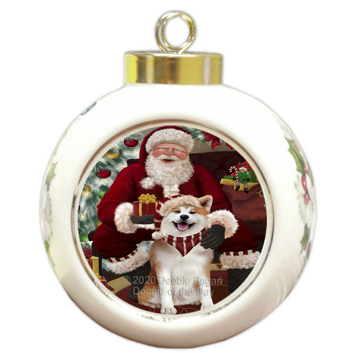 Santa's Christmas Surprise Akita Dog Round Ball Christmas Ornament RBPOR57993