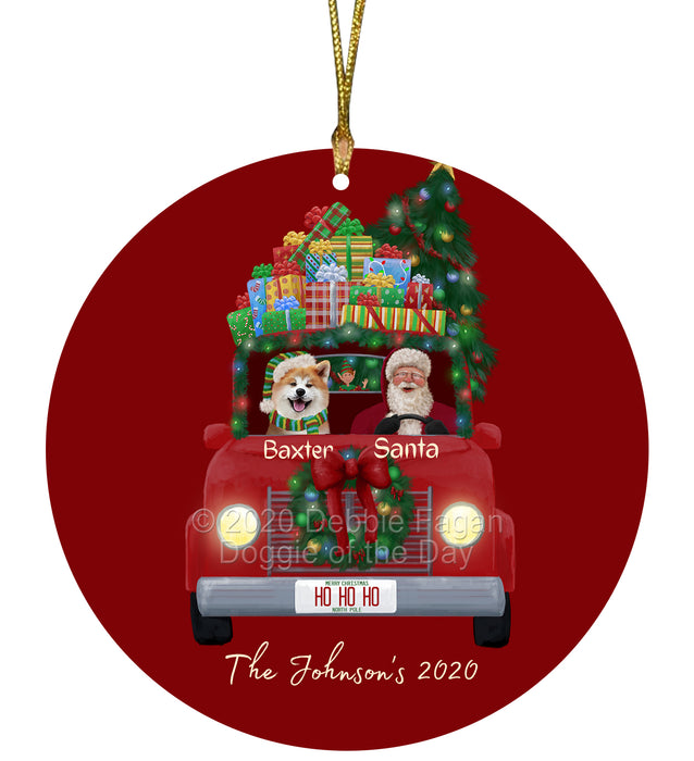 Personalized Christmas Honk Honk Red Truck Here Comes with Santa and Akita Dog Round Flat Ornament PRBPOR59045