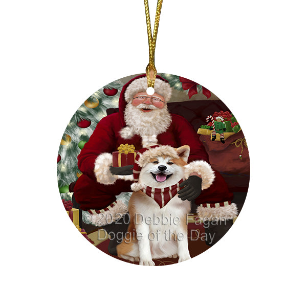 Santa's Christmas Surprise Akita Dog Round Flat Christmas Ornament RFPOR57993