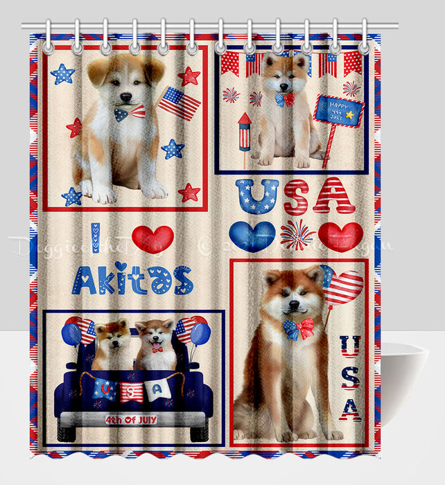 4th of July Independence Day I Love USA Akita Dogs Shower Curtain Pet Painting Bathtub Curtain Waterproof Polyester One-Side Printing Decor Bath Tub Curtain for Bathroom with Hooks