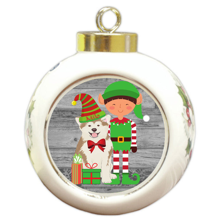 Custom Personalized Akita Dog Elfie and Presents Christmas Round Ball Ornament