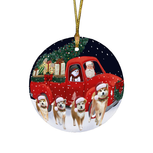 Christmas Express Delivery Red Truck Running Akita Dogs Round Flat Christmas Ornament RFPOR57717