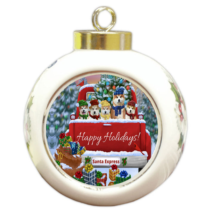 Christmas Red Truck Travlin Home for the Holidays Akita Dogs Round Ball Christmas Ornament Pet Decorative Hanging Ornaments for Christmas X-mas Tree Decorations - 3" Round Ceramic Ornament