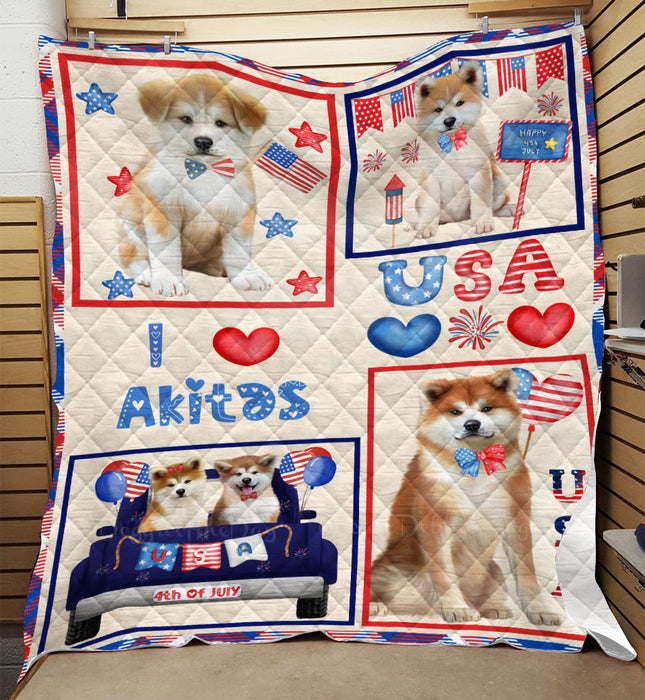4th of July Independence Day I Love USA Akita Dogs Quilt Bed Coverlet Bedspread - Pets Comforter Unique One-side Animal Printing - Soft Lightweight Durable Washable Polyester Quilt