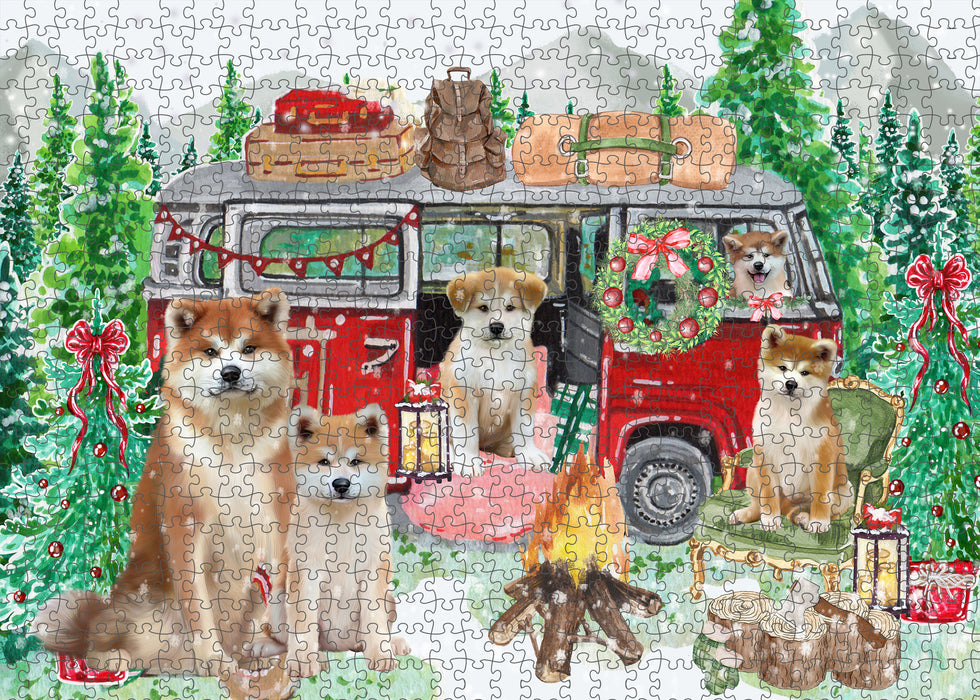 Christmas Time Camping with Akita Dogs Portrait Jigsaw Puzzle for Adults Animal Interlocking Puzzle Game Unique Gift for Dog Lover's with Metal Tin Box