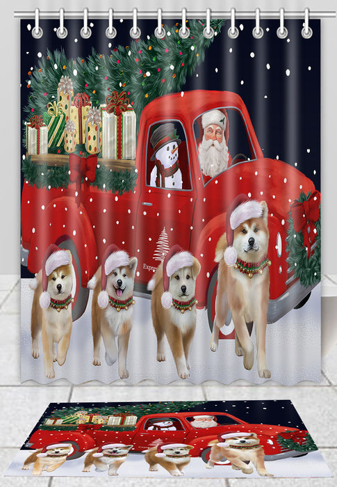Christmas Express Delivery Red Truck Running Akita Dogs Bath Mat and Shower Curtain Combo
