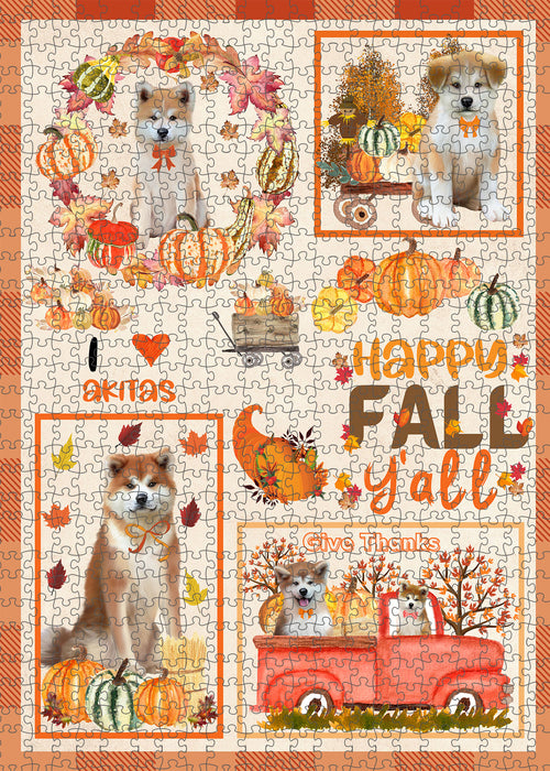 Happy Fall Y'all Pumpkin Akita Dogs Portrait Jigsaw Puzzle for Adults Animal Interlocking Puzzle Game Unique Gift for Dog Lover's with Metal Tin Box