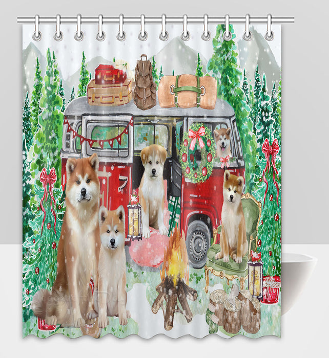 Christmas Time Camping with Akita Dogs Shower Curtain Pet Painting Bathtub Curtain Waterproof Polyester One-Side Printing Decor Bath Tub Curtain for Bathroom with Hooks