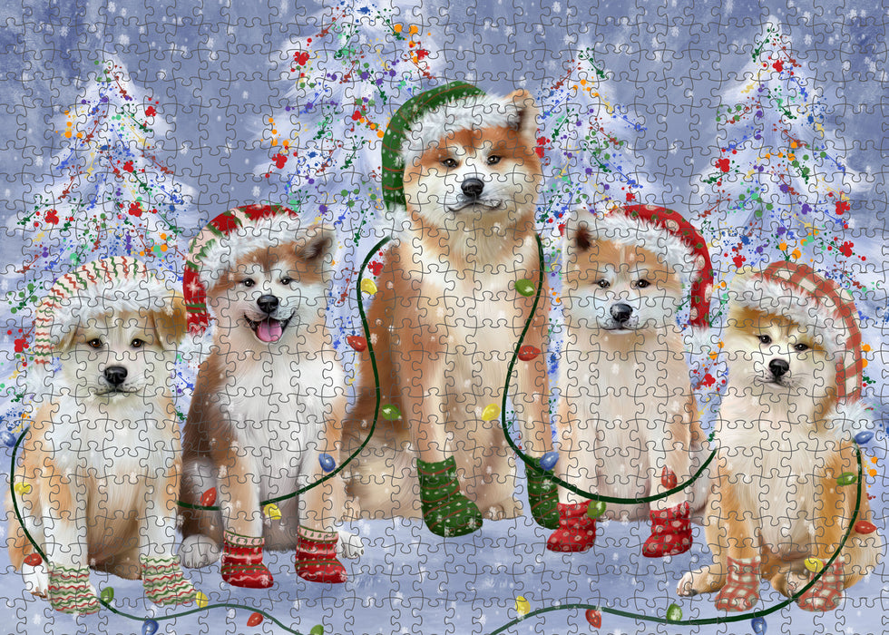 Christmas Lights and Akita Dogs Portrait Jigsaw Puzzle for Adults Animal Interlocking Puzzle Game Unique Gift for Dog Lover's with Metal Tin Box