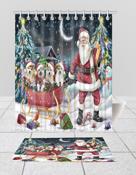 Santa Sled Dogs Christmas Happy Holidays Akita Dogs Bath Mat and Shower Curtain Combo