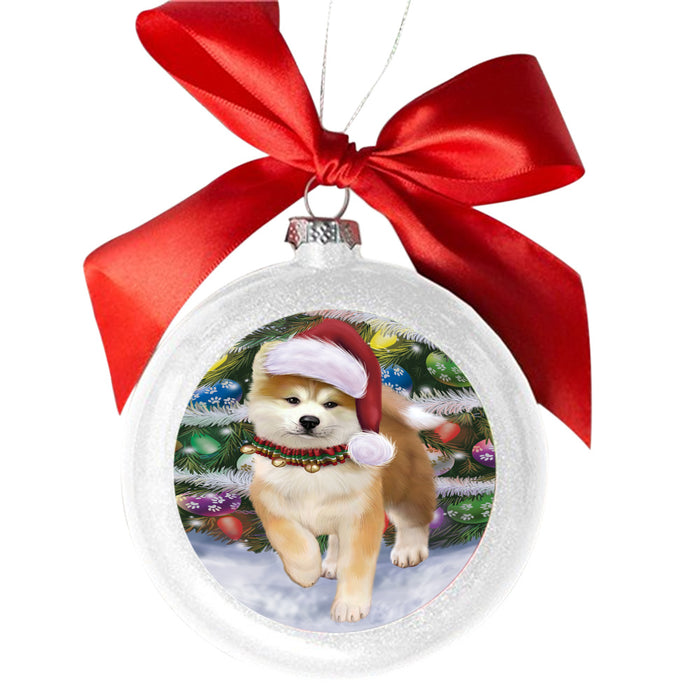 Trotting in the Snow Akita Dog White Round Ball Christmas Ornament WBSOR49419