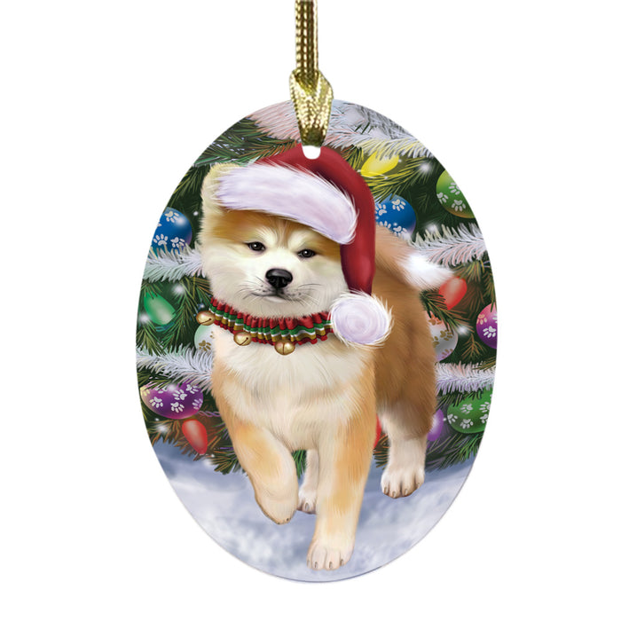 Trotting in the Snow Akita Dog Oval Glass Christmas Ornament OGOR49419