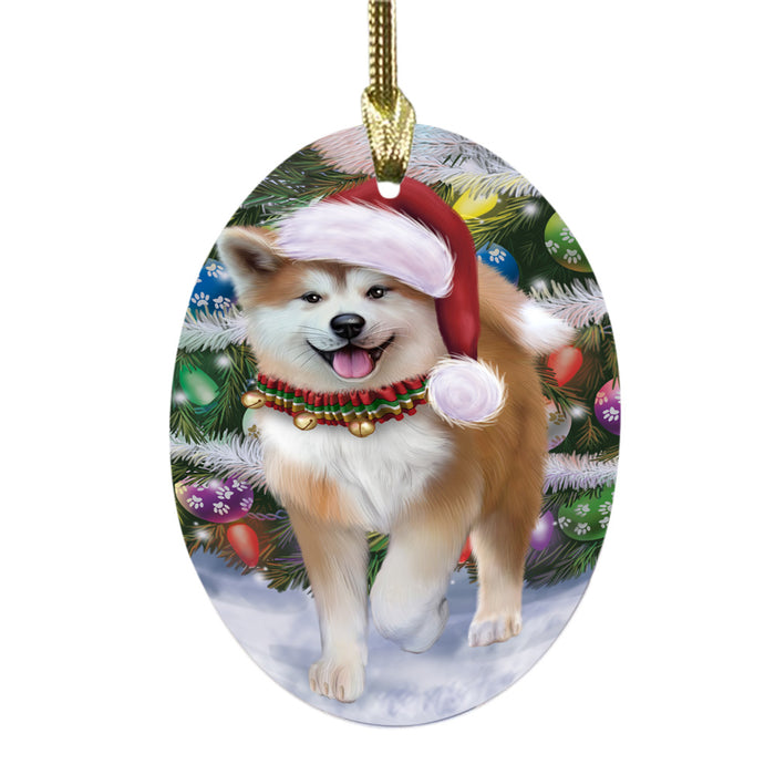 Trotting in the Snow Akita Dog Oval Glass Christmas Ornament OGOR49420