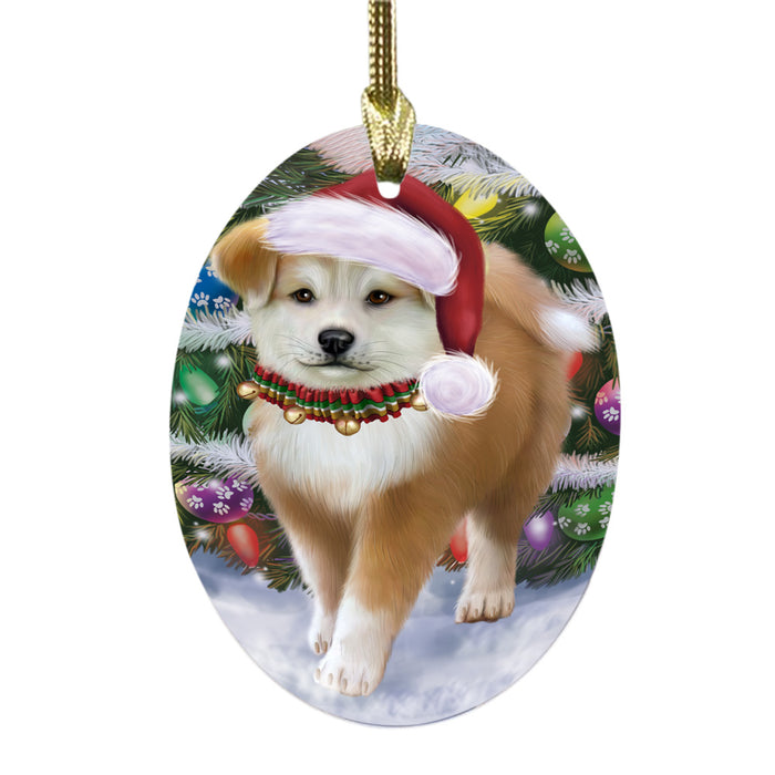 Trotting in the Snow Akita Dog Oval Glass Christmas Ornament OGOR49421
