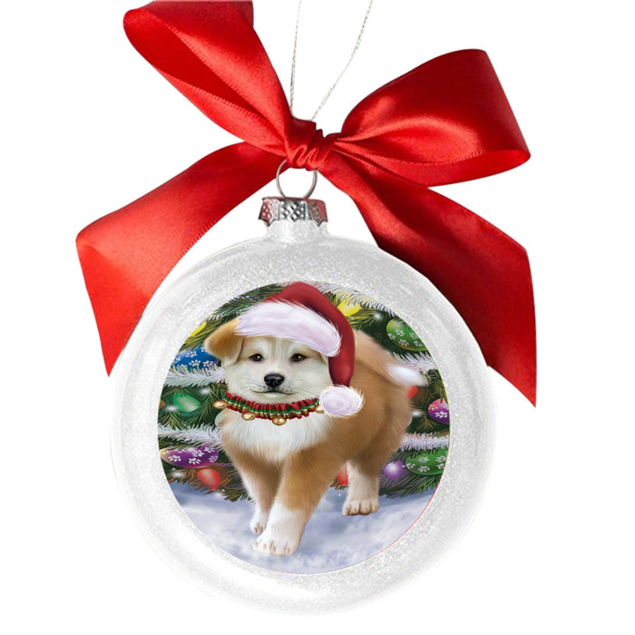 Trotting in the Snow Akita Dog White Round Ball Christmas Ornament WBSOR49421