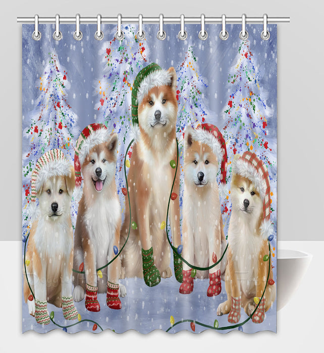 Christmas Lights and Akita Dogs Shower Curtain Pet Painting Bathtub Curtain Waterproof Polyester One-Side Printing Decor Bath Tub Curtain for Bathroom with Hooks