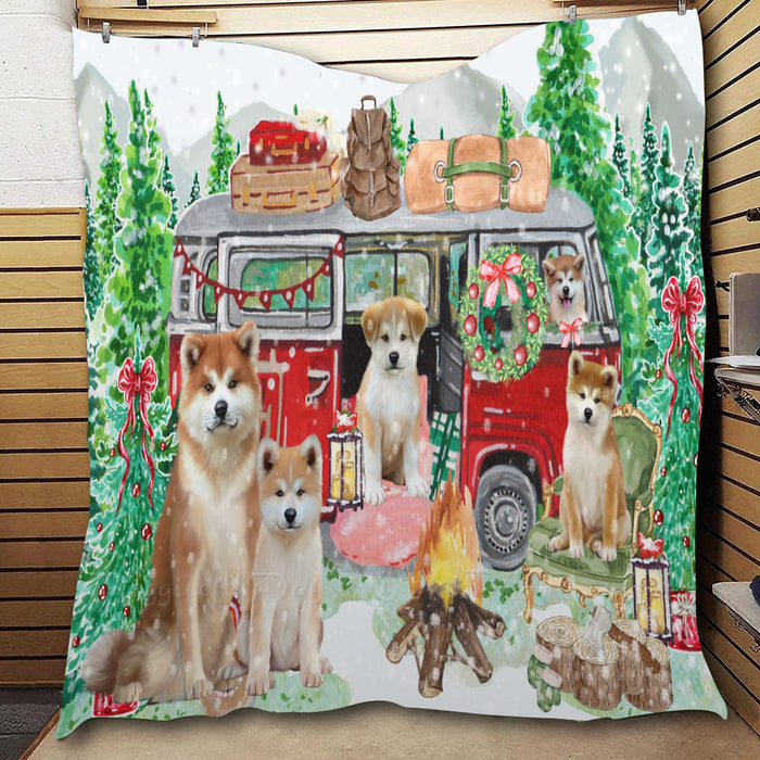 Christmas Time Camping with Akita Dogs  Quilt Bed Coverlet Bedspread - Pets Comforter Unique One-side Animal Printing - Soft Lightweight Durable Washable Polyester Quilt