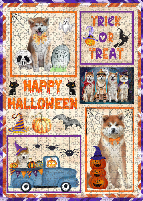 Happy Halloween Trick or Treat Akita Dogs Portrait Jigsaw Puzzle for Adults Animal Interlocking Puzzle Game Unique Gift for Dog Lover's with Metal Tin Box