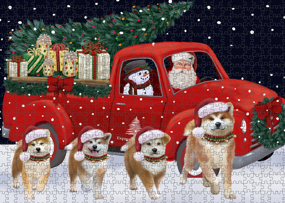 Christmas Express Delivery Red Truck Running Akita Dogs Puzzle with Photo Tin PUZL99568