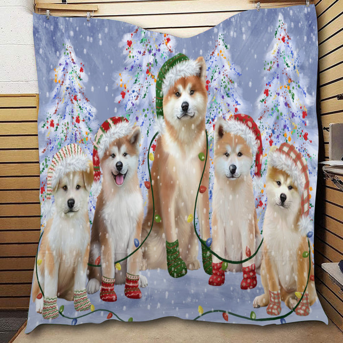 Christmas Lights and Akita Dogs  Quilt Bed Coverlet Bedspread - Pets Comforter Unique One-side Animal Printing - Soft Lightweight Durable Washable Polyester Quilt
