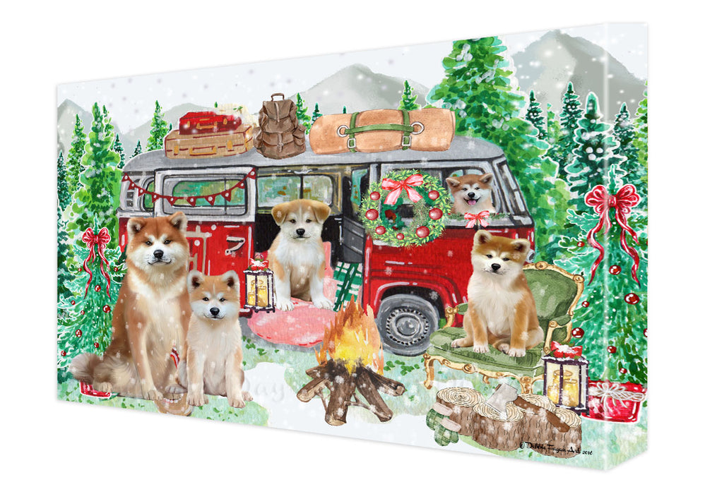 Christmas Time Camping with Akita Dogs Canvas Wall Art - Premium Quality Ready to Hang Room Decor Wall Art Canvas - Unique Animal Printed Digital Painting for Decoration