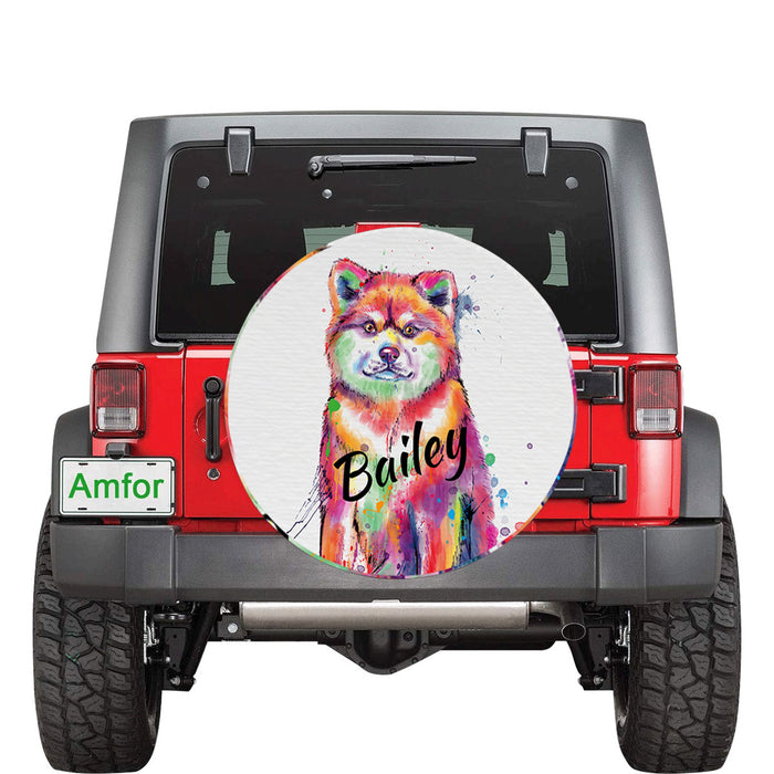 Custom Pet Name Personalized Watercolor Akita Dog Car Tire Cover