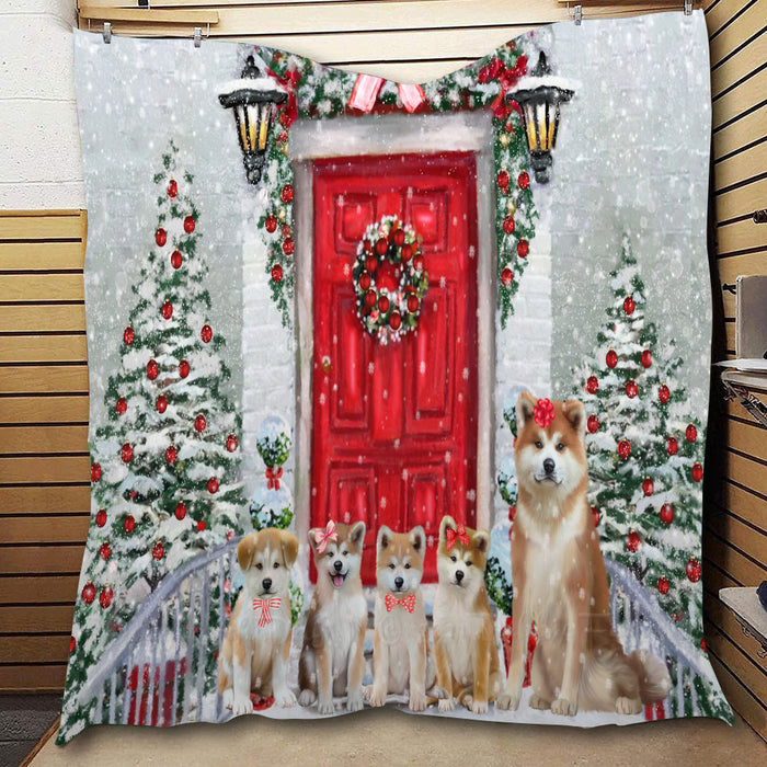 Christmas Holiday Welcome Akita Dogs  Quilt Bed Coverlet Bedspread - Pets Comforter Unique One-side Animal Printing - Soft Lightweight Durable Washable Polyester Quilt